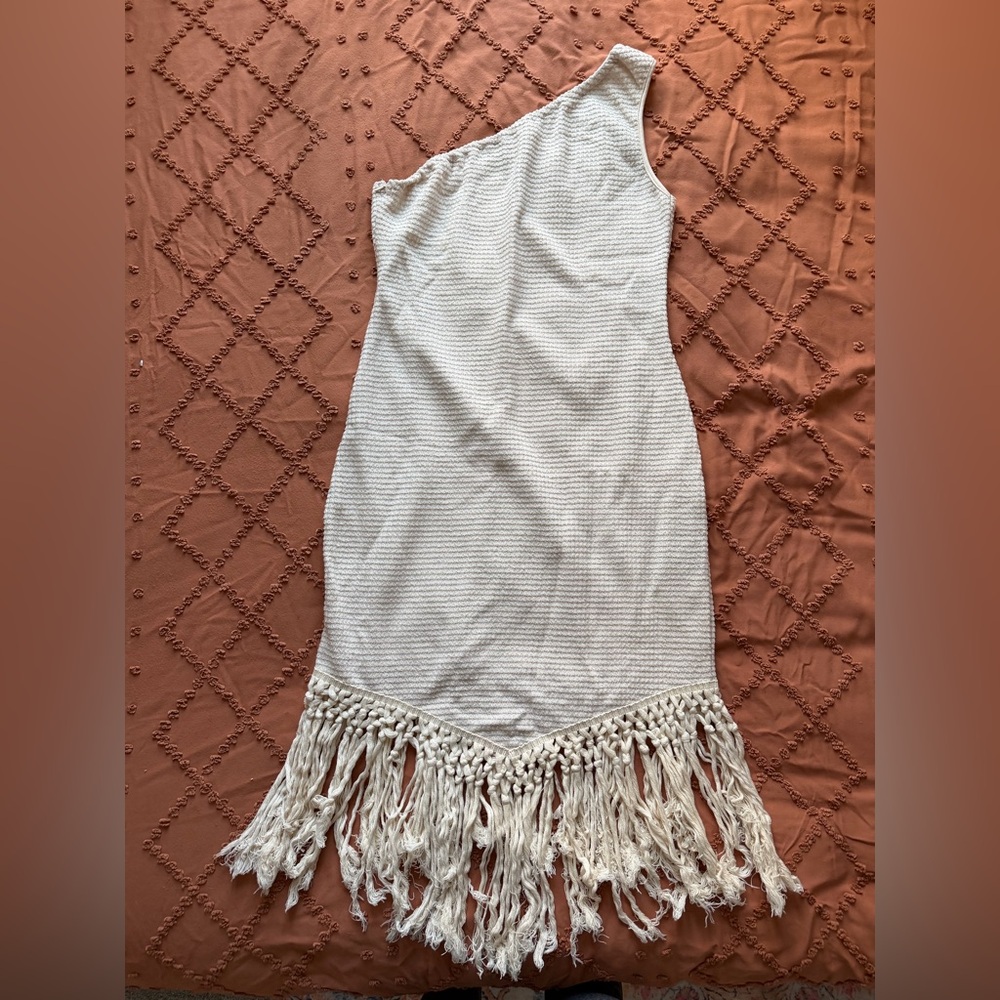 SHEIN Cream One-Shoulder Fringe Knit Dress